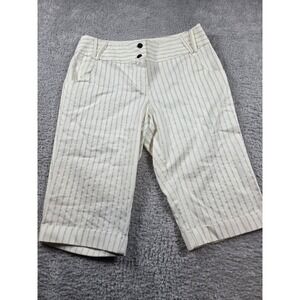 Studio 1940 Bermuda Shorts 12 White Pinstripe Womens Metallic Silver Cuffed Knee